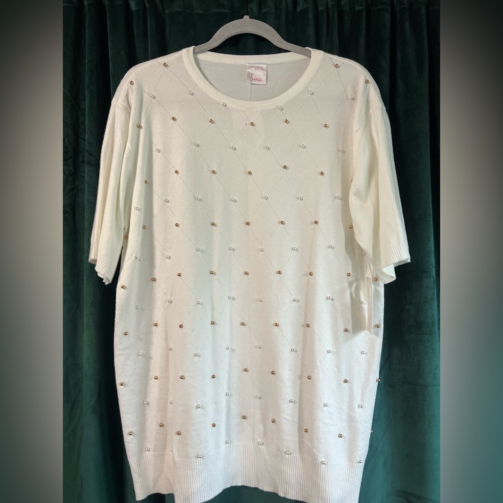 Plus White Knit Bejeweled Blouse
